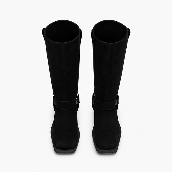 Women's Knee High Boots Slip On Riding Boots With Buckle Sexy Squared Toe - Picture 4 of 6